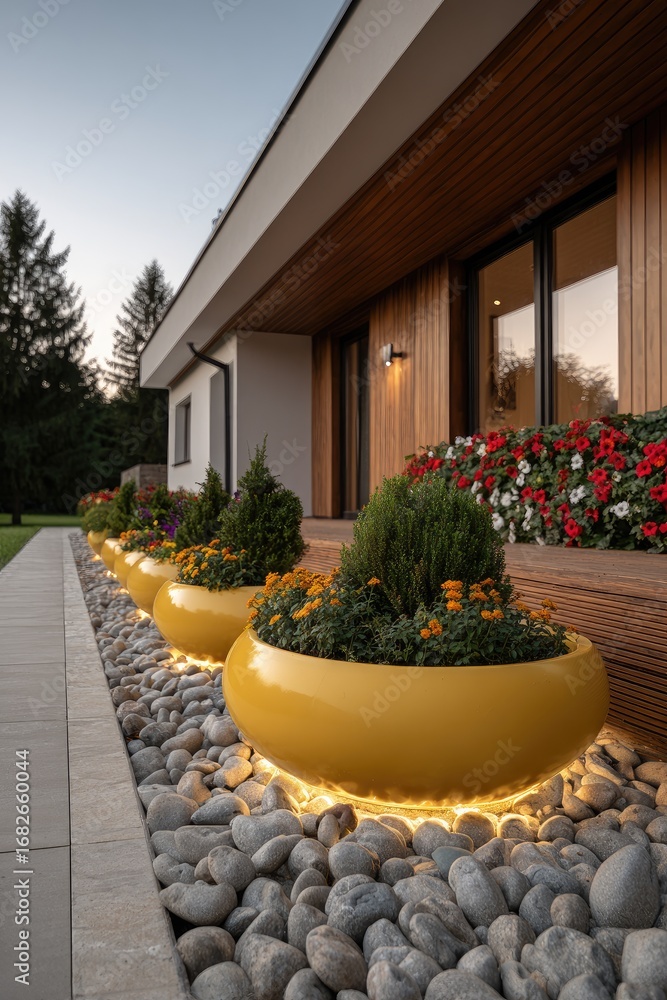 Fototapeta premium A modern home's inviting exterior, highlighted by decorative planters and landscape lighting.