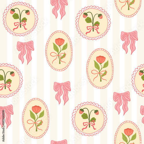 Coquette trellis floral seamless pattern. Preppy background with ribbon bow and flowers. Vintage design for fabric, wallpaper or wrapping paper. Vector botanical elegant trendy print