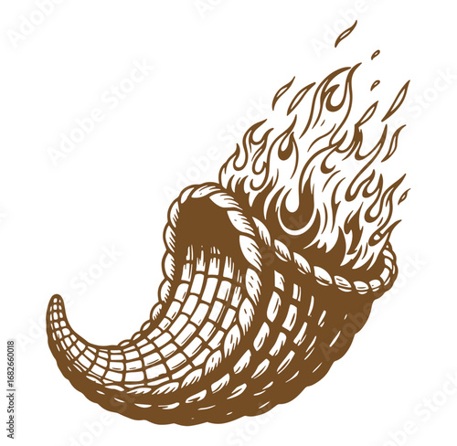 Detailed illustration of a cornucopia with flames emanating from the top over a white background