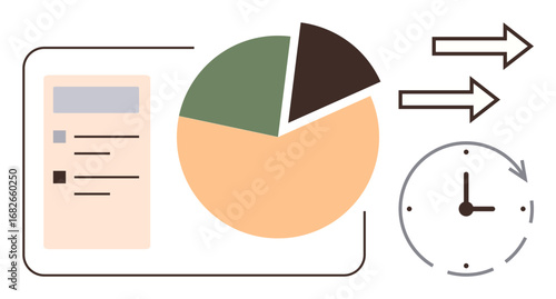 Pie chart, clock, workflow arrows, and task checklist combined to present analytics, time optimization, progress tracking, productivity, and decision-making. Ideal for business strategy efficiency
