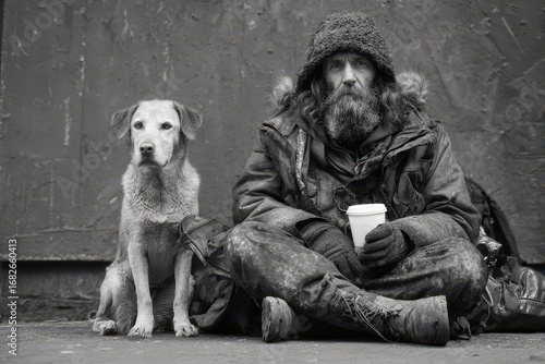 Homeless Man And Dog. Alone Beggar Adult with Beard in Cold Weather, Seeking Aid