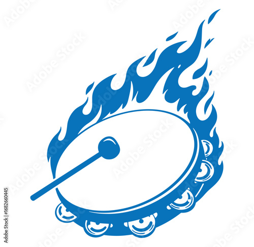 Dynamic illustration of a blue tambourine surrounding by vivid stylized flames against white background