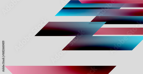 Abstract design features vibrant, overlapping ribbons. Colors include blues, reds, pinks against neutral background. Modern, dynamic composition.