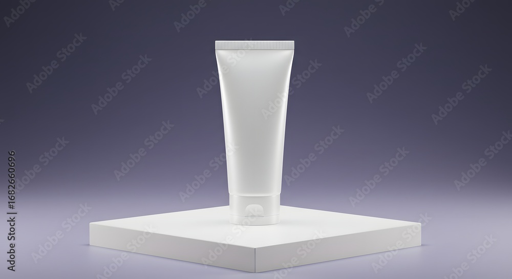 Fototapeta premium White cosmetic tube displayed on pedestal with gradient lighting and futuristic clean style