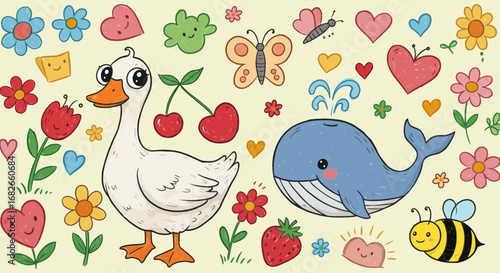 Colorful doodle art featuring a duck, whale, bee, hearts and flowers for children