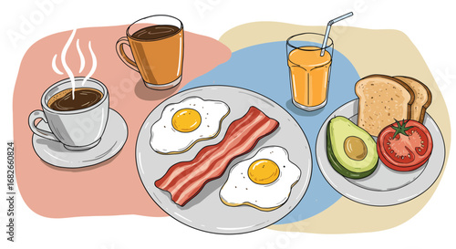 Delicious breakfast illustration featuring eggs, bacon, toast, avocado, and drinks
