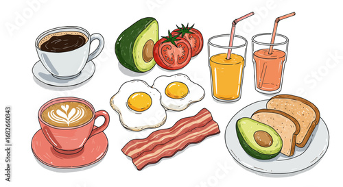 Delicious breakfast illustration with coffee, eggs, bacon, avocado and juice
