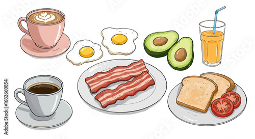 Delicious and colorful breakfast with bacon, eggs, coffee, avocado, toast and juice