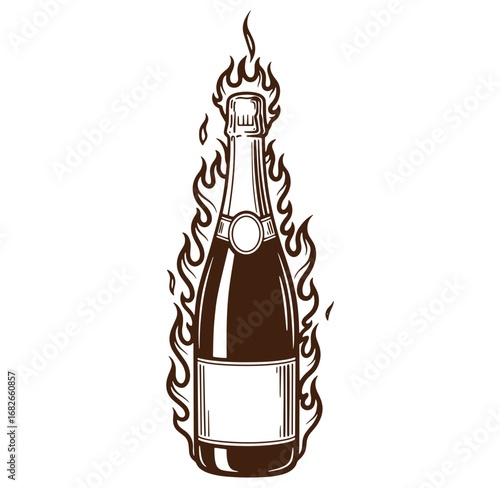 Elegant champagne bottle surrounded by flames for celebration and festive occasions