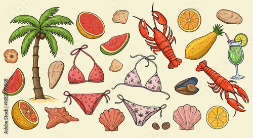 Illustration of Summer beach vacation with bikini and tropical fruit and sea food
