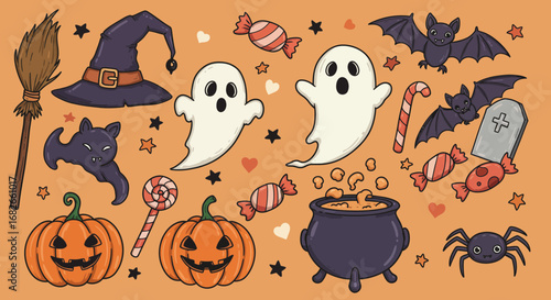 Festive halloween cartoon illustration with cute ghosts and spooky decorations