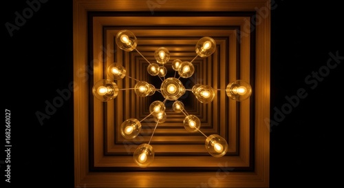Abstract symmetrical geometric chandelier with glowing lights