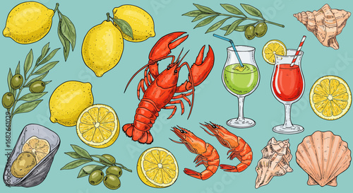Summer seafood and citrus themed pattern with cocktails, providing a beachy vibe