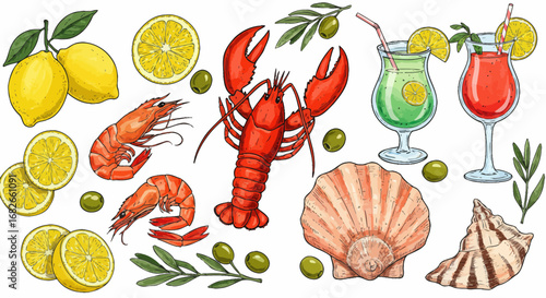 Seafood Delights and Refreshing Summer Drinks: A Vibrant Illustration for Culinary Creations