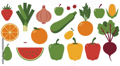 Colorful vector illustration of fresh fruits and vegetables for healthy eating concept