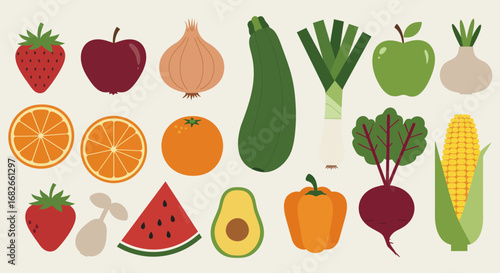 Colorful assortment of fresh cartoon fruits and vegetables in a flat design
