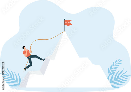 Business Challenge and businessman climbing on Peak of Mountain. Businessman Character Running to the Top for Goal Achievement, Leadership and Motivation for business success Concept,

