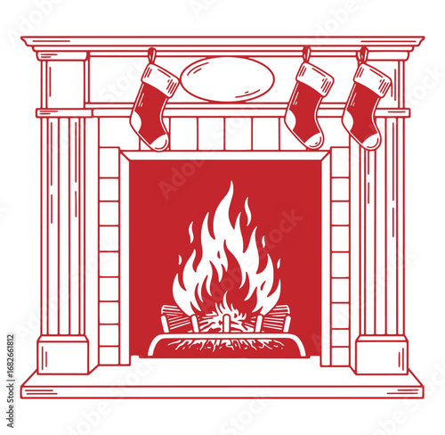 Festive christmas fireplace illustration with glowing fire and hanging stockings for holiday decor