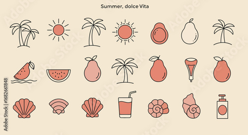 Summer vibes illustration with palm trees, sun, fruits, shells and summer essentials