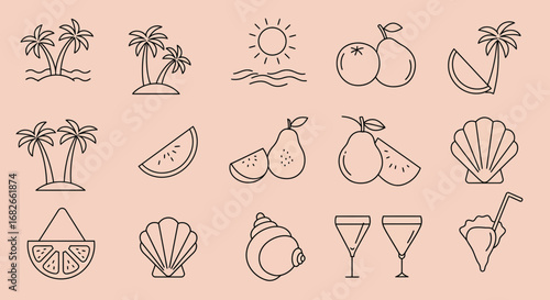 Line art summer icons, perfect for tropical vacations and beach themed designs