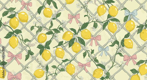 Elegant lemon pattern with botanical vines and delicate pastel ribbons on trellis