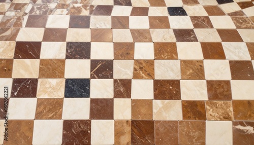 Elegant checkered marble floor with varying shades of brown and beige tiles in a polished finish.