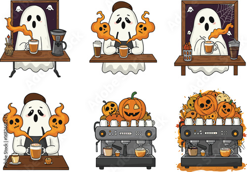 Cute Halloween ghost baristas serving coffee, spooky latte art, pumpkin espresso, Halloween cafe scene, autumn vibes, coffee shop illustration