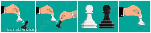Man hand with white chess pawn knocking down black pawn. Business competition and strategic game concept for victory.