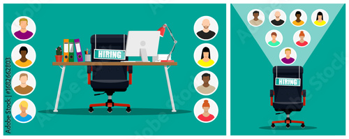 Empty office work desk with hiring sign and many applicant avatars. Job vacancy and recruitment concept for employment search.