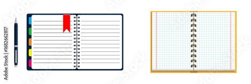Open spiral notebooks with pen, one lined and one graph, for office, school, business studies and education concepts.