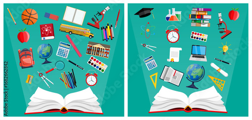 Open book with various school supplies around it on a blue background. Education objects for study concept. Back to school design for banner.