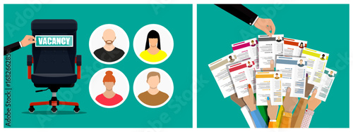 Hand putting a vacancy sign on an office chair with diverse avatars and hands holding resumes. Recruitment and job search concept.