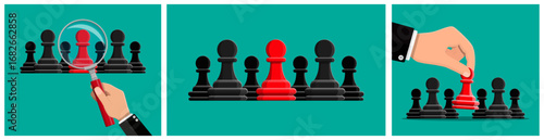 Red unique pawn chess piece among crowd of black pieces. Concept of finding leader, talent, chosen one, or individuality.