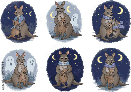 Cute kangaroo and joey in scarves, night sky, crescent moon, stars, ghost friends, cozy bedtime illustration, cartoon animal art