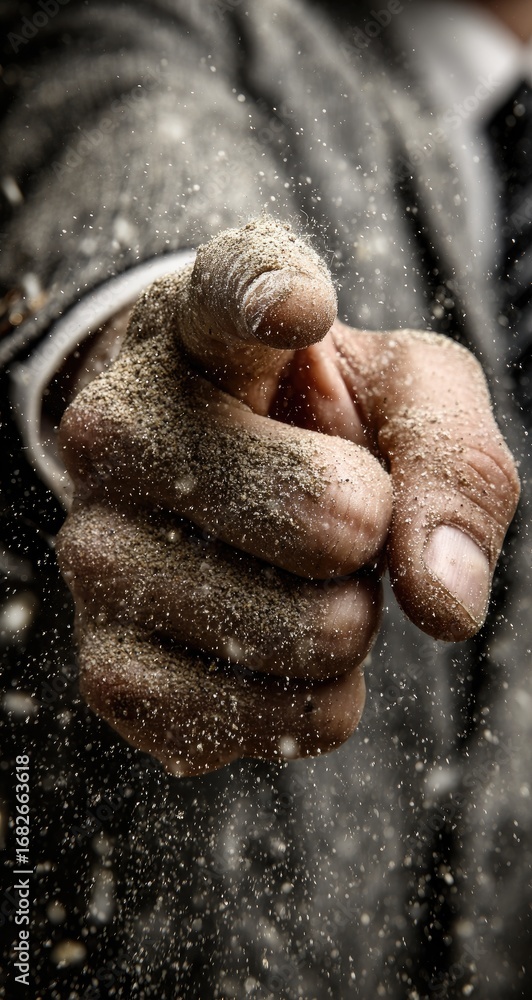 Obraz premium Close-up of a hand covered in dirt, pointing directly forward