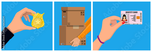 Man holding a police badge. Person carrying cardboard boxes. Woman holding an identity card. Flat style stock vector set collection illustration.