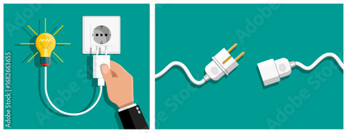 Man hand plugging light bulb into electric socket with charger and separate power plug element. Idea and energy concept.