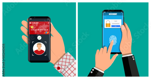 Man uses smartphone for online payment and biometric login. Mobile banking and security concept. Financial transaction technology.