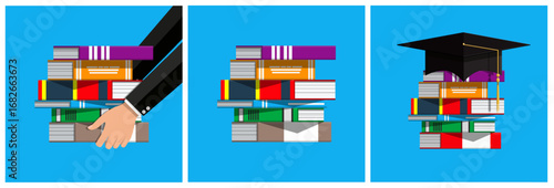 Man hand stacking book, building knowledge. Education and learning concept. Graduation cap on top of books illustration.