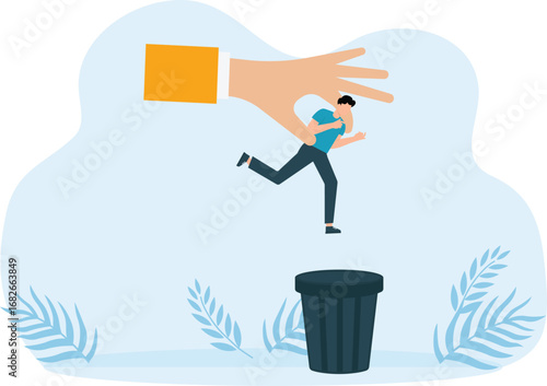 Unnecessary employees and reduction staff, Dismissal of employees and Crisis in the company, The boss throws an employee to the trash can concept,

