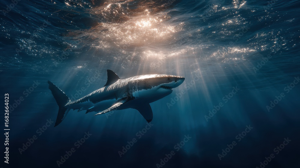 Obraz premium A majestic shark swims gracefully through deep blue waters, illuminated by sunlight filtering from above, showcasing the beauty of marine life.