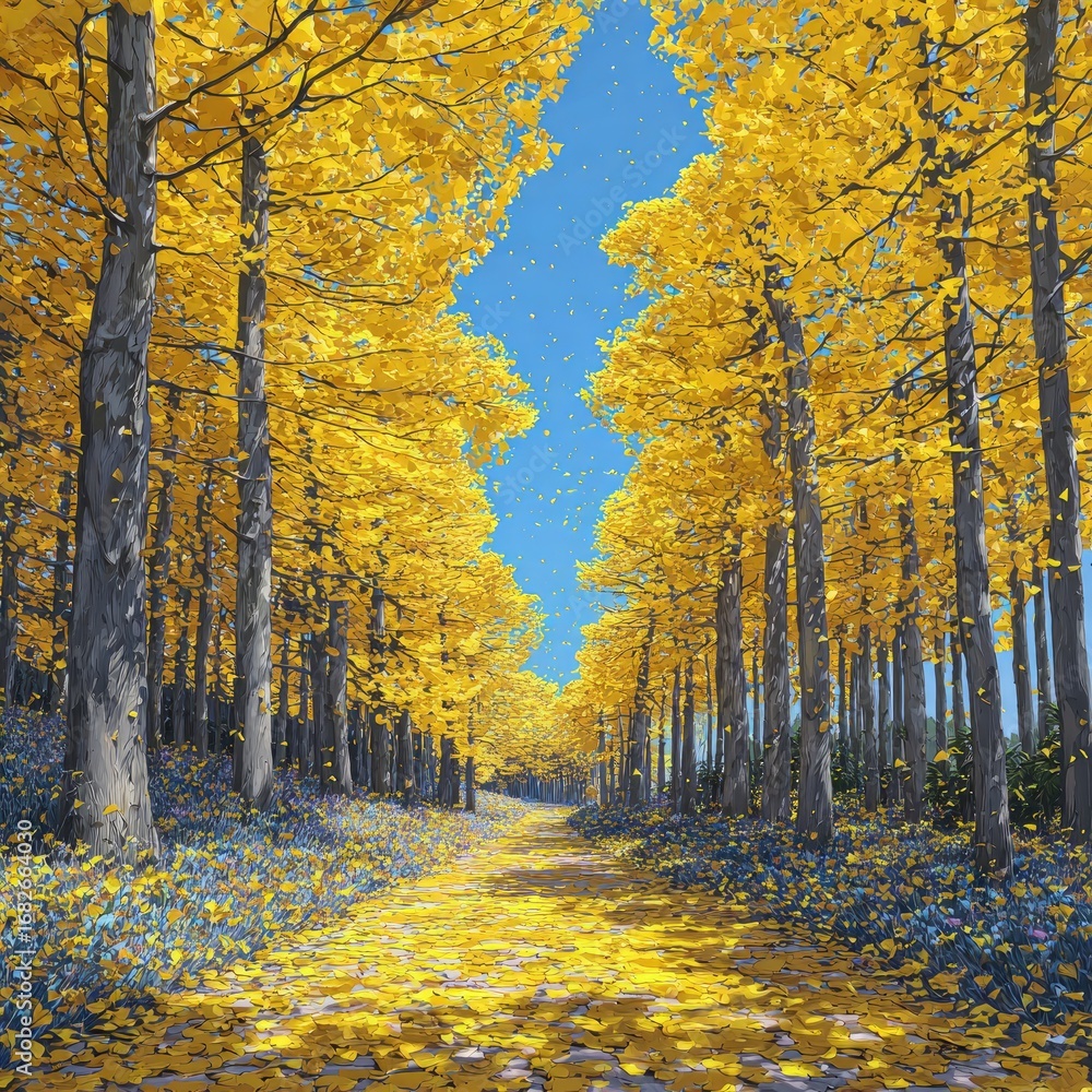 Fototapeta premium Golden autumnal path through forest