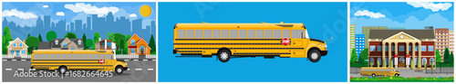 School bus driving on road next to houses, isolated on blue background, and standing in front of educational building. Flat design.