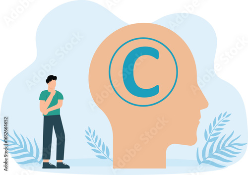Man holding stamp with copyright symbol, Copyrighted work and guarantee of artist's rights, Law protection of intellectual property concept, 

