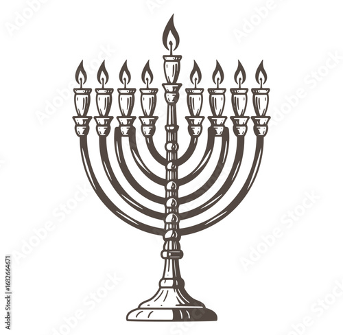 Hand drawn illustration of the traditional jewish menorah with lit candles representing the hanukkah holiday