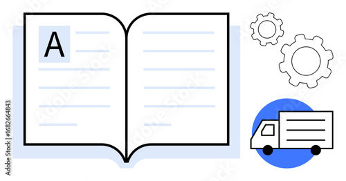 Open book with text pages, two gears indicating process, and delivery truck icon. Ideal for logistics, education, process design, supply chain, knowledge sharing, resource planning simple landing