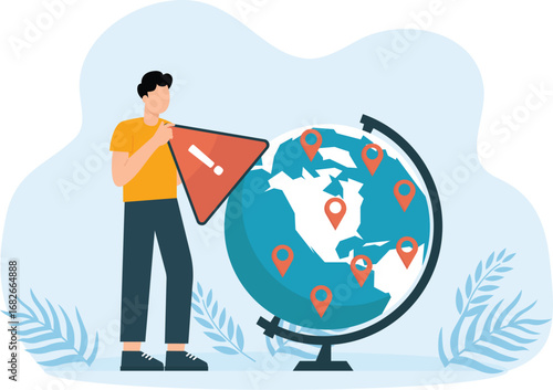 Businessmen put Incidents with exclamation attention sign on world map. Stop global business expansion and stop company branches  for business success concept, 

