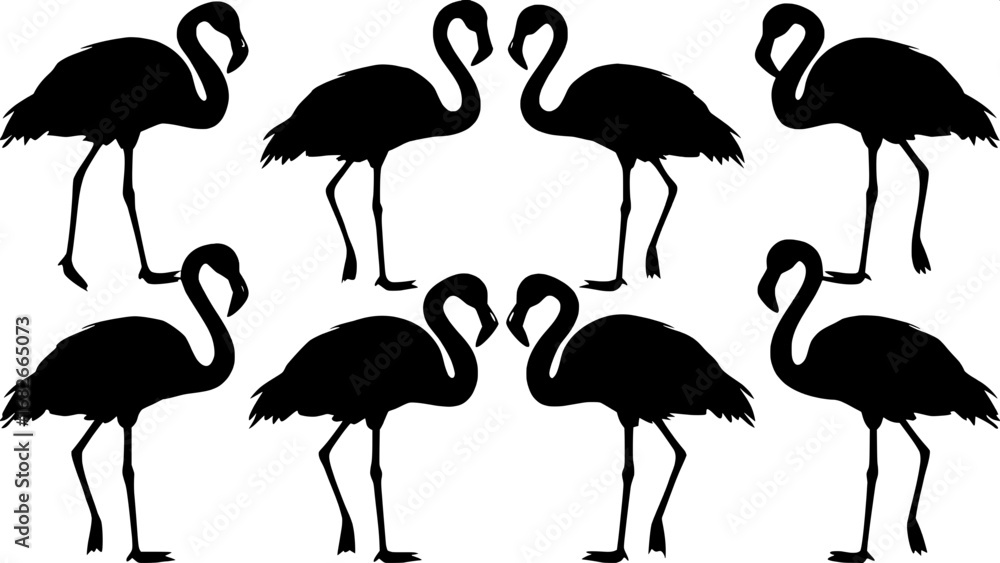 Obraz premium Symmetrical arrangement of six flamingo silhouettes, some walking, some feeding, one in flight, simple and balanced, minimalist art.
