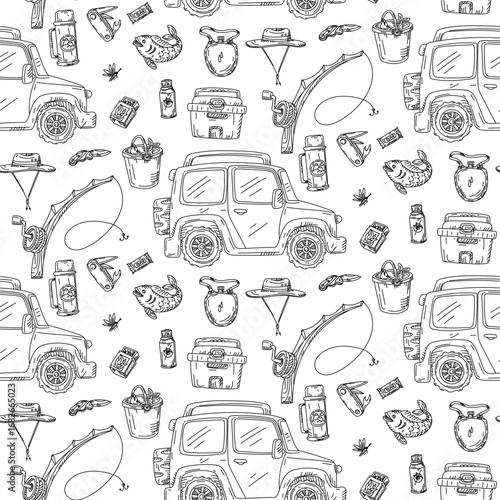 Pattern of Tourist items, scribbles. Car, refrigerator, fishing rod, thermos, knife, hat, flask. Graphics, engraving, and shading in a seamless texture. Black ink, marker. Picnic, hiking, camping
