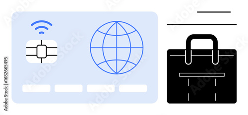 Contactless chip card with globe and wireless signal, paired with black briefcase. Ideal for finance, technology, global business, transactions, e-commerce, mobility digital banking. A simple flat